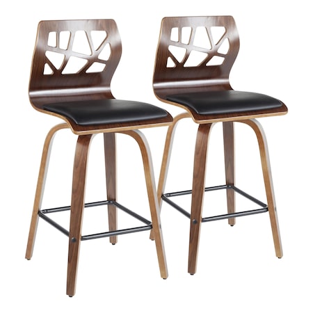 Folia Counter Stool In Walnut Wood And Black Faux Leather, PK 2